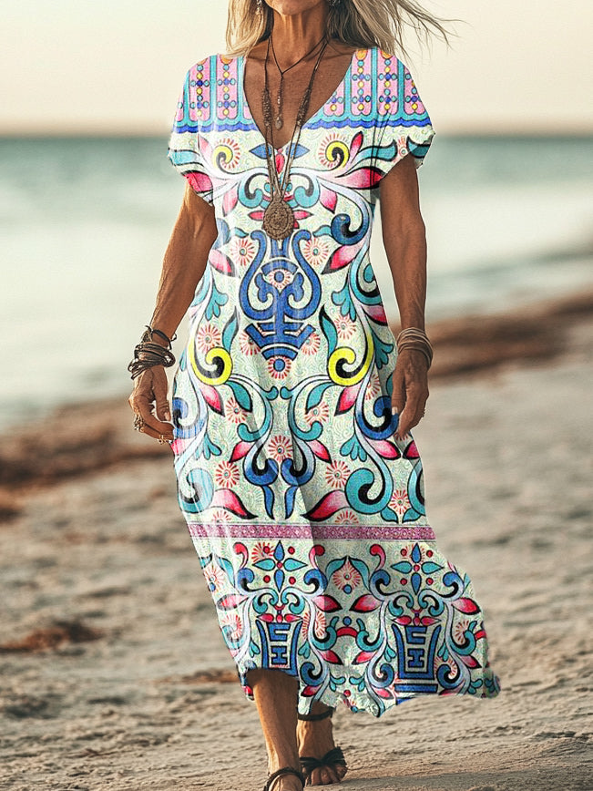 Women's Vintage Ethnic Floral Art Print Pocket Cotton Dress