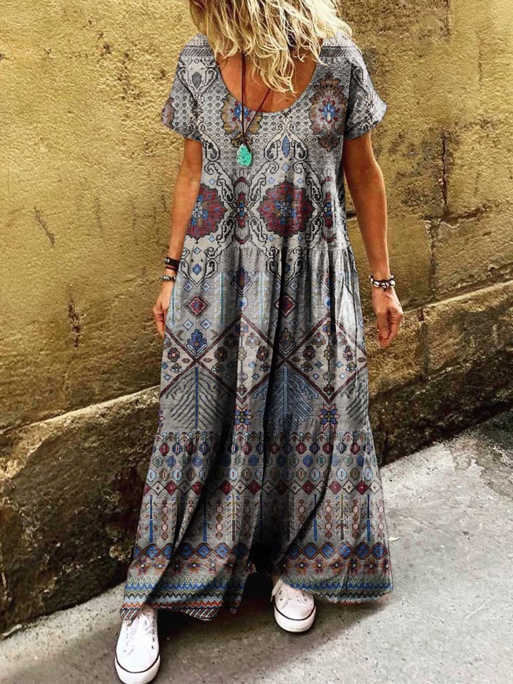 Women's Ethnic Irregular Pattern Art Print Pocket Short Sleeve Cotton