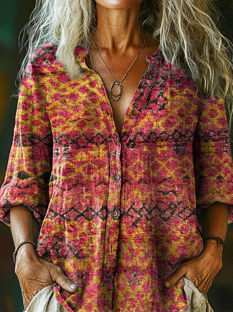 Women's Vintage Ethnic Art Print Casual Cotton Linen Shirt