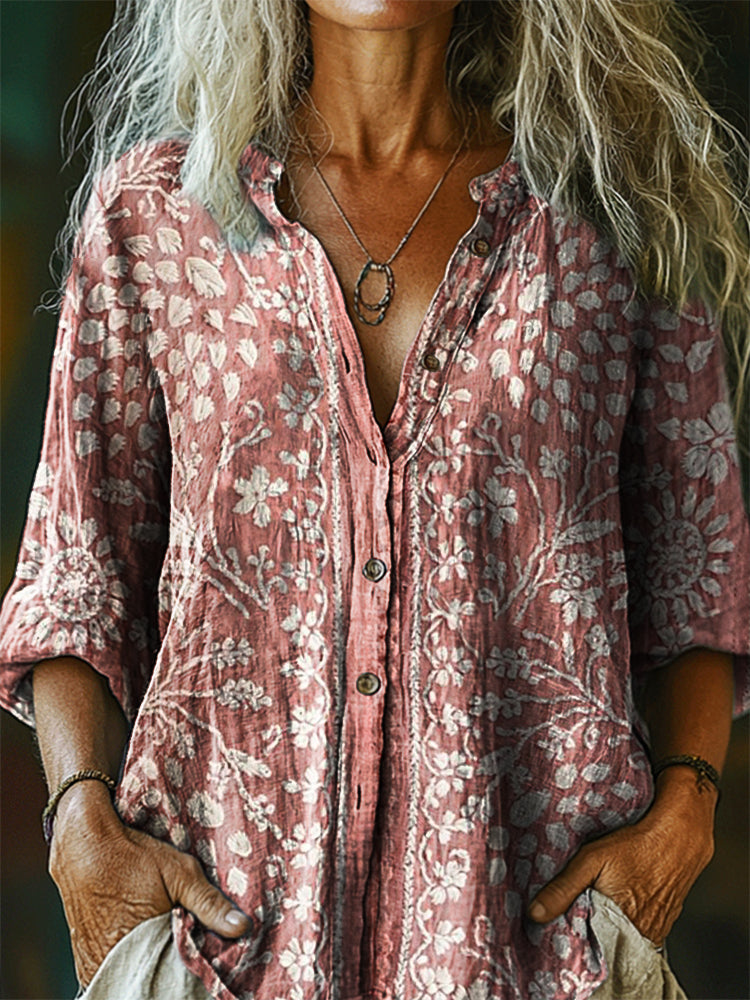 Women's Vintage Ethnic Floral Art Print Casual Cotton Linen Shirt