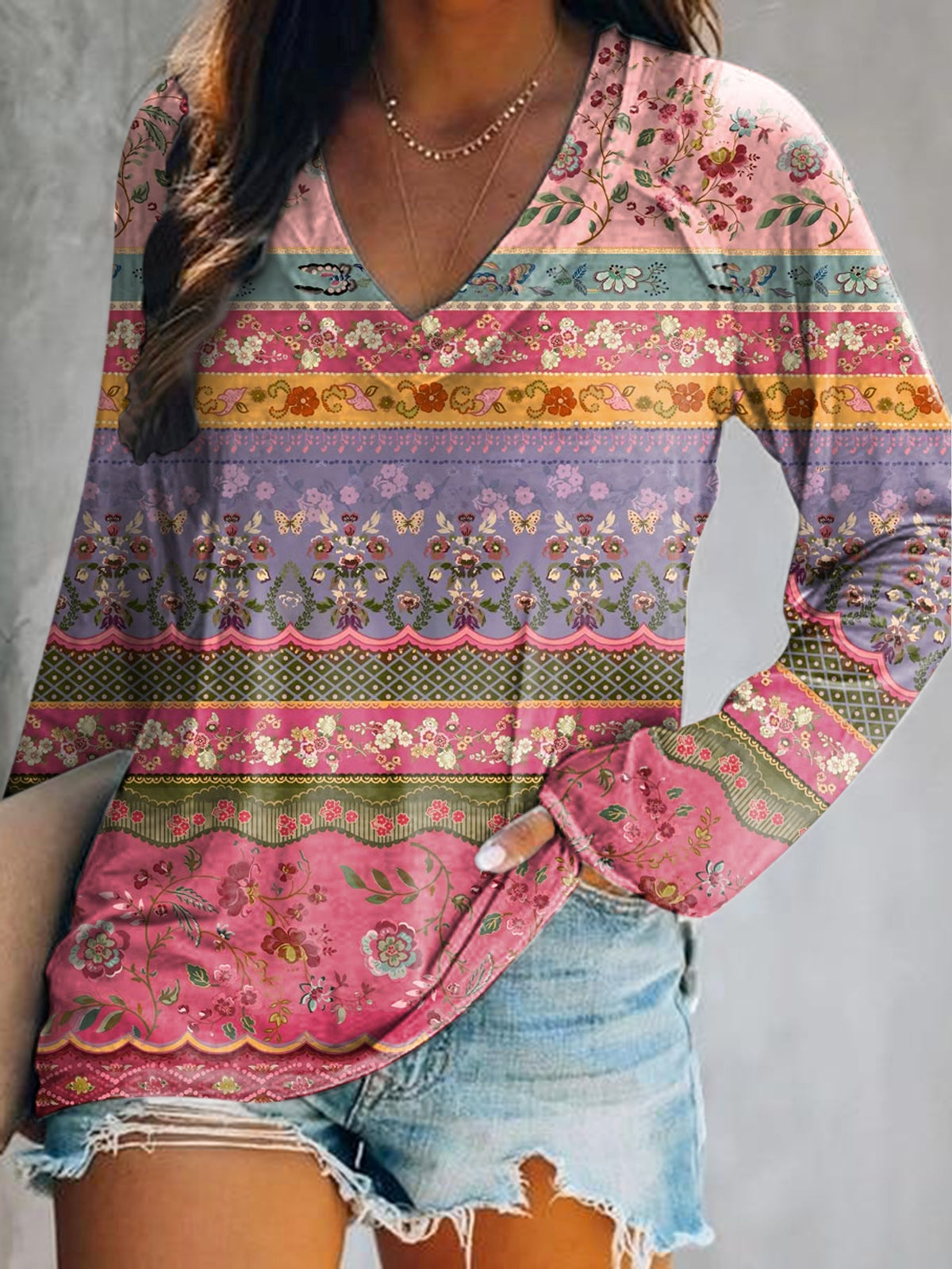 Women's Floral Stripe Pattern Art Print V-Neck Long Sleeve Top