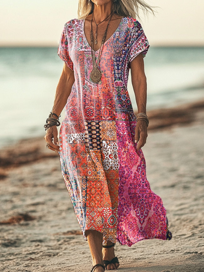 Women's Vintage Floral Patchwork Art Print Pocket Cotton Dress