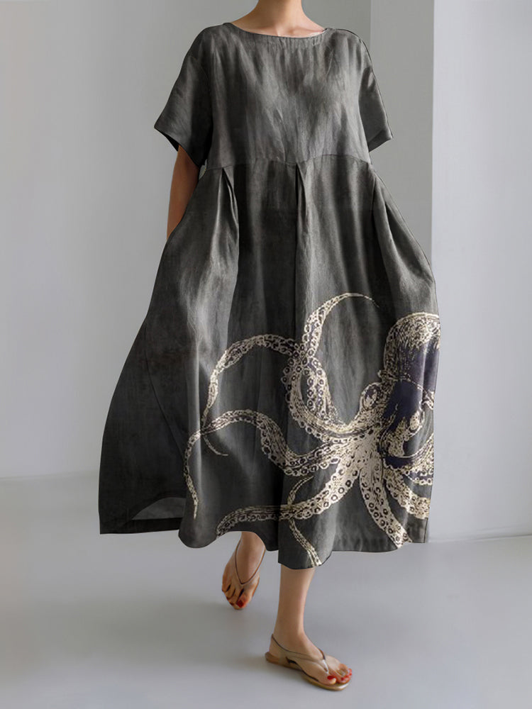 Women Japanese Art Octopus Print Casual Linen Blend Maxi Dress