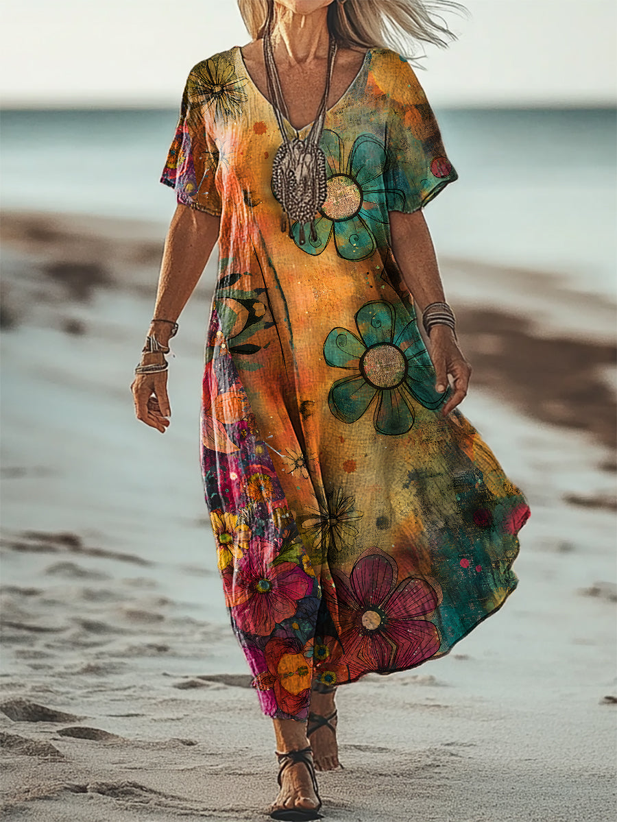 Women's Retro Floral Art Print Short Sleeve Pocket Cotton Linen Dress
