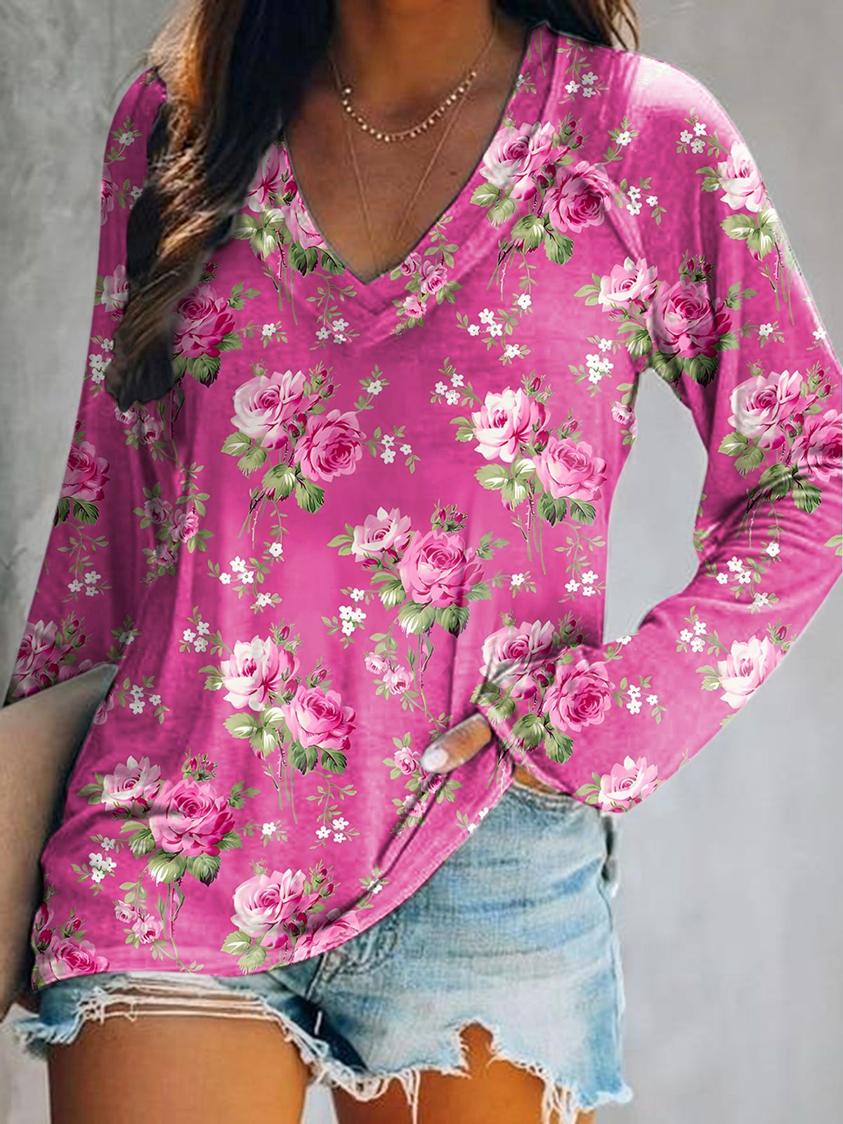 Women's Floral Art Print V-Neck Long Sleeve Top