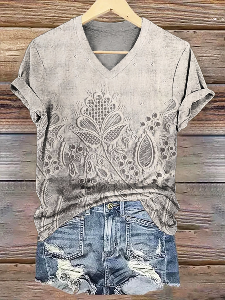 Women's Floral Art Print V-Neck Casual T-Shirt