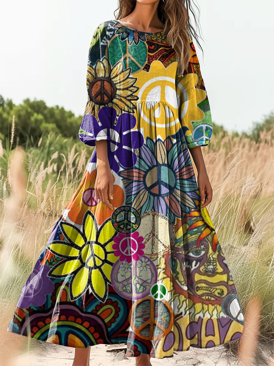 Women's Hippie Art Print Flowy Cotton Crew Neck Dress