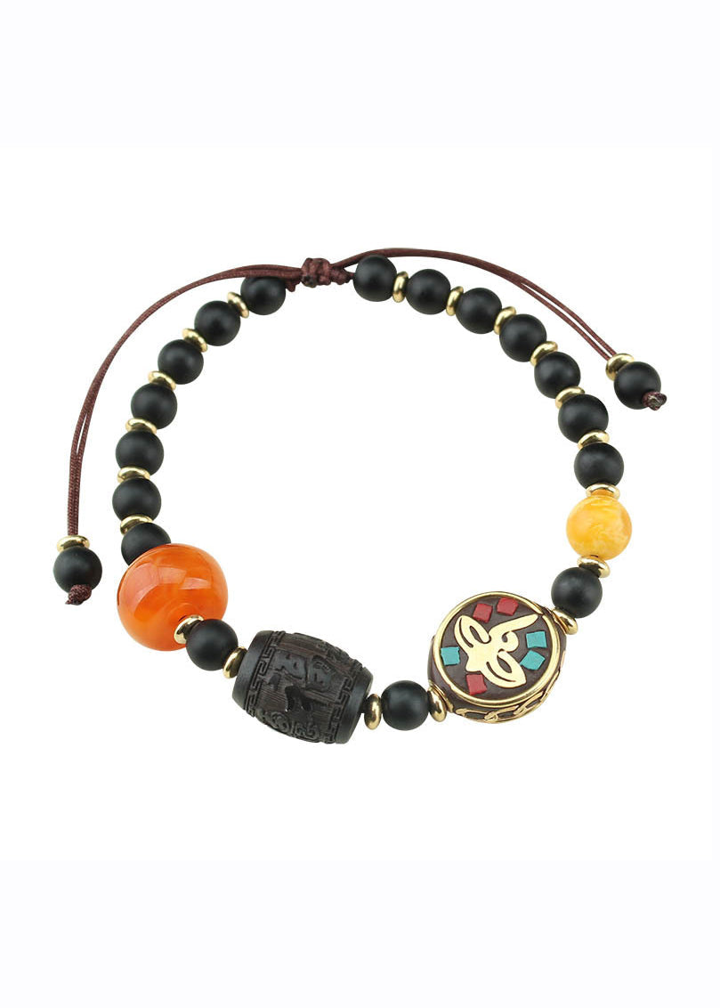 Black Coloured Glaze Pearl Beeswax Clover Charm Bracelet