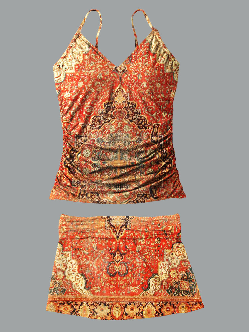 V-Neck Vintage Floral Art Print Suspender Skirt Tankini Pantskirt Set Swimsuit