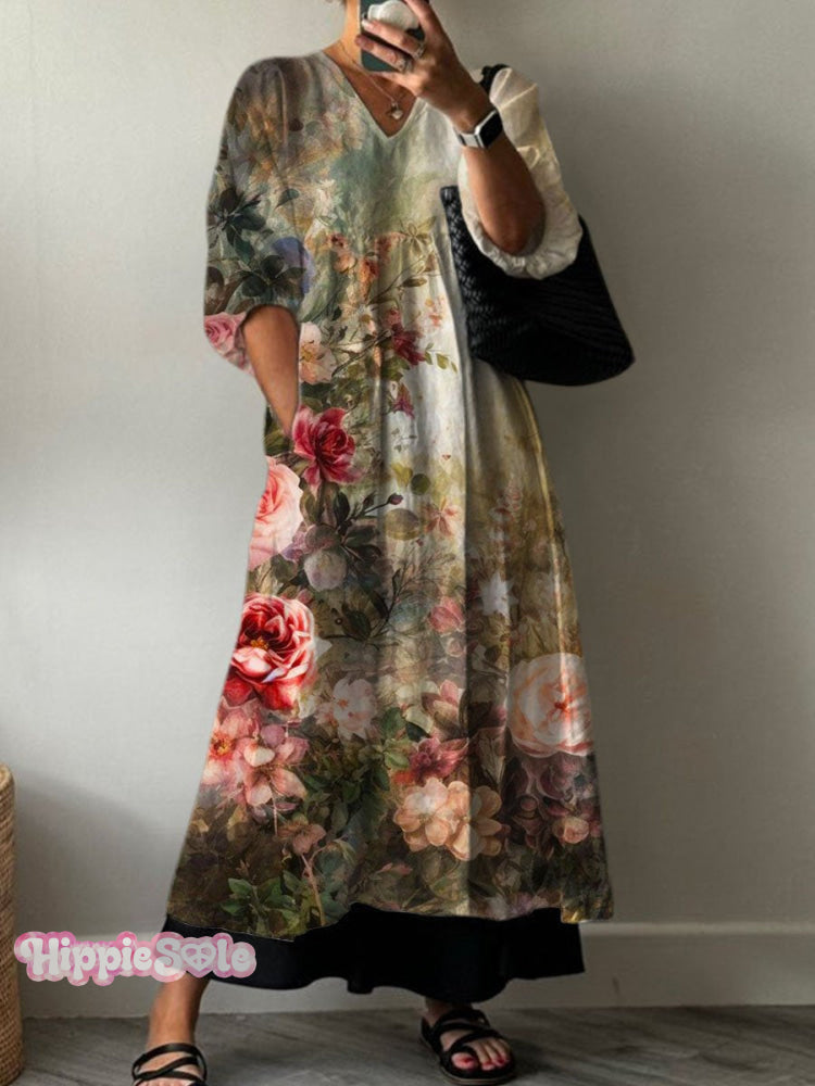 Women's Vintage Lovely Floral Art Print Pocket V-neck Cotton Dress