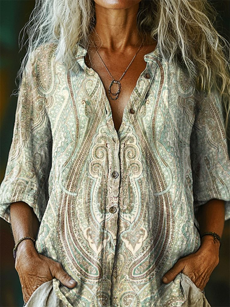 Women's Tattoo Pattern Art Print Casual Cotton Linen Shirt