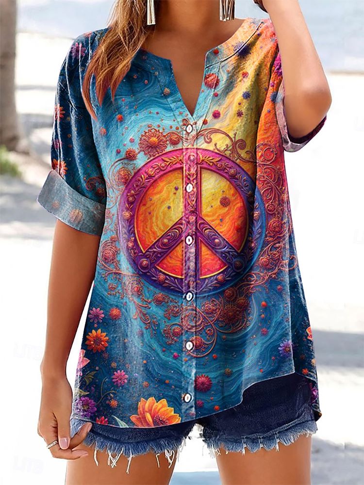 Women's Hippie Pattern Art Print Cotton Linen Casual Shirt