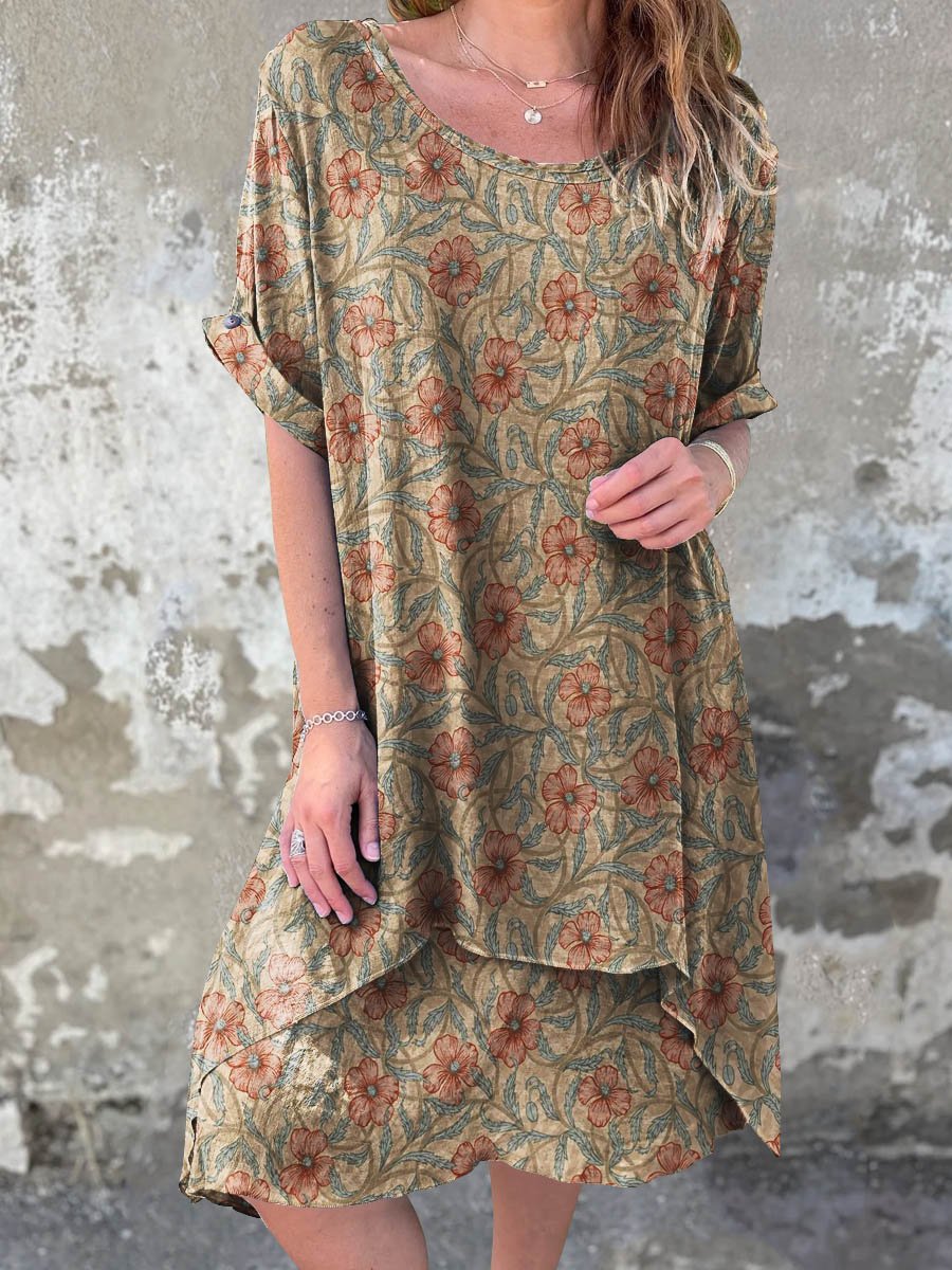 Women's Summer Vintage Floral Art Casual Round Neck Cotton Dress