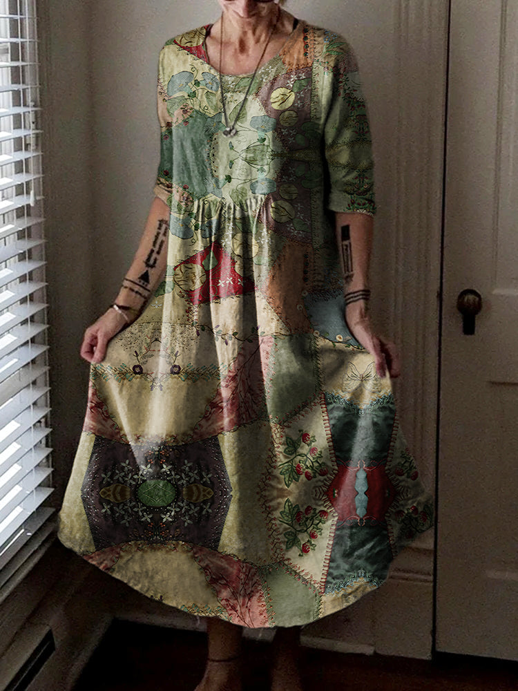 Women's Vintage Patchwork Art Print Pocket Cotton Dress