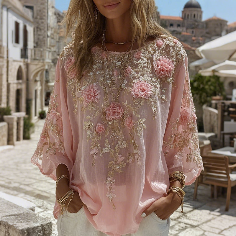Women's Pink Rose Embroidered Art Linen Tunic elevenforest