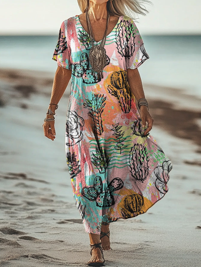Women's Art Painting Hippie Retro Print V-Neck Short Sleeve Dress