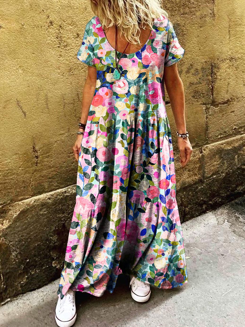 Women's Floral Art Print Pocket Short Sleeve Cotton Dresses