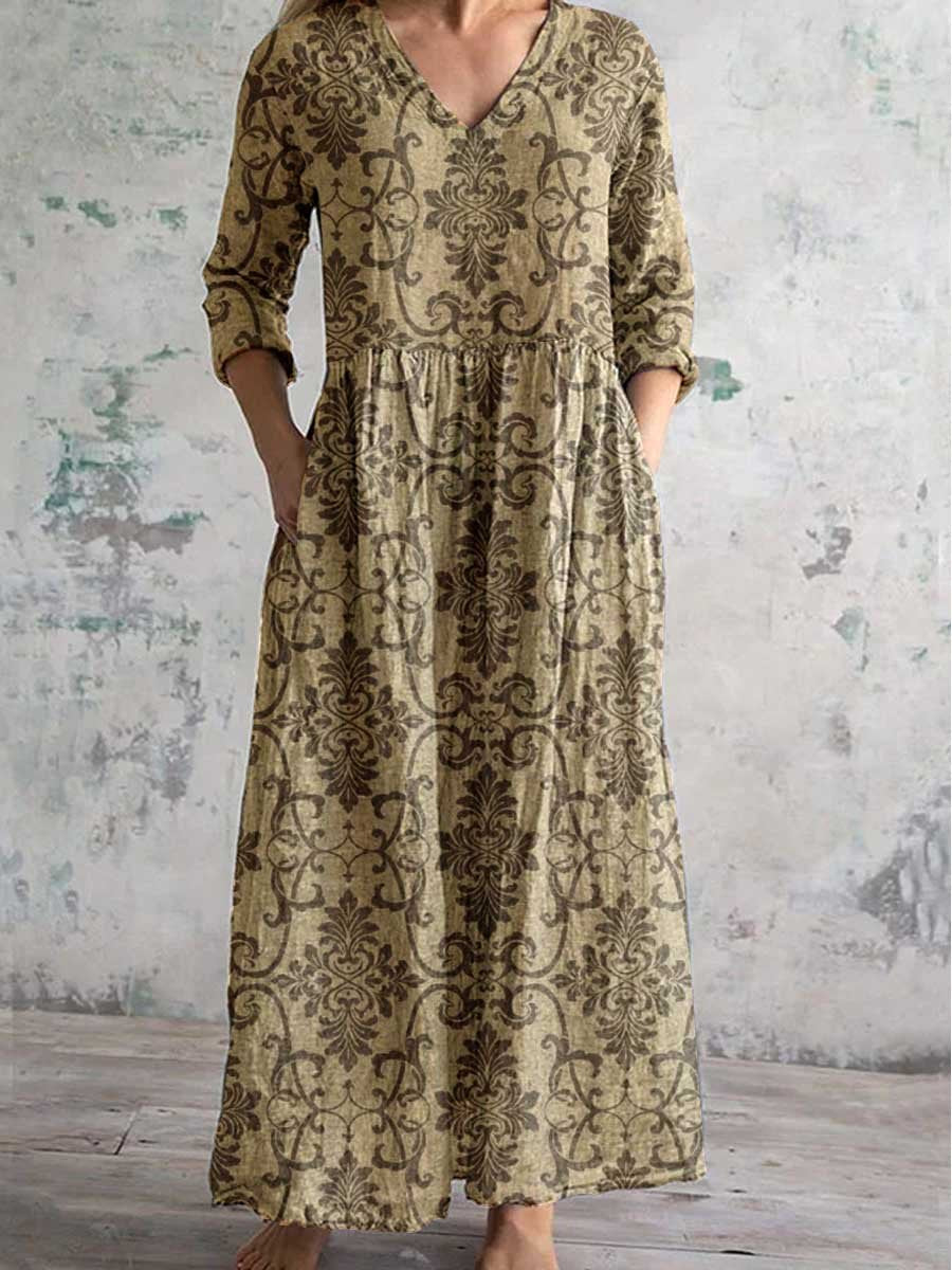 Women's Elegant Simple Floral V-Neck Cotton and Linen Dress with Pocke