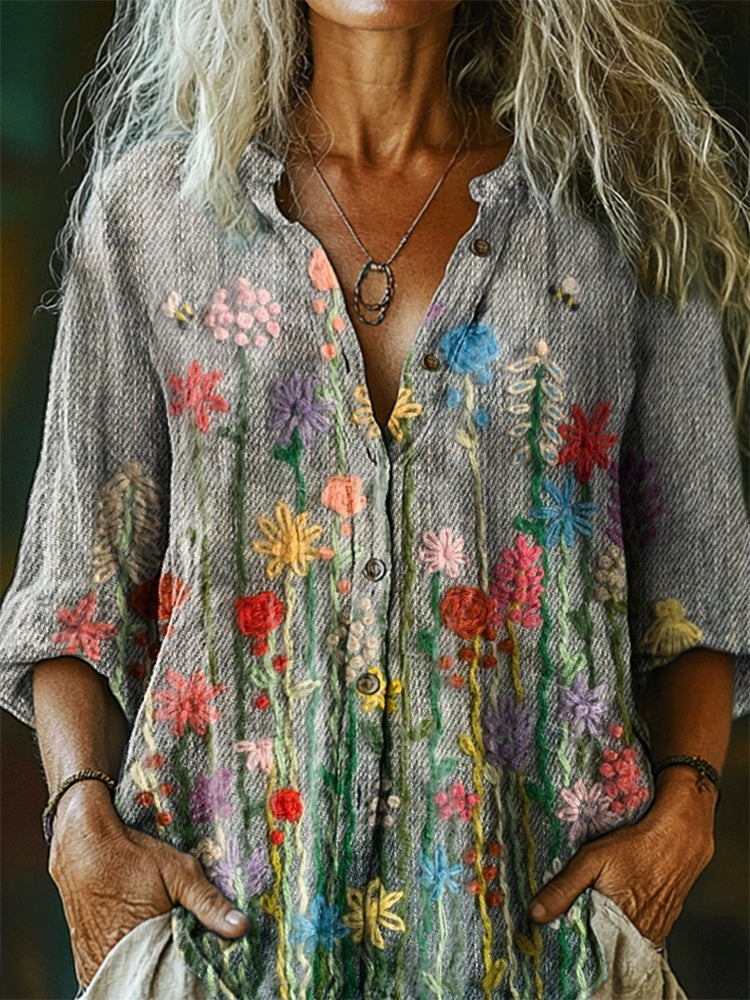 Women's Floral Pattern Art Print Casual Cotton Linen Shirt