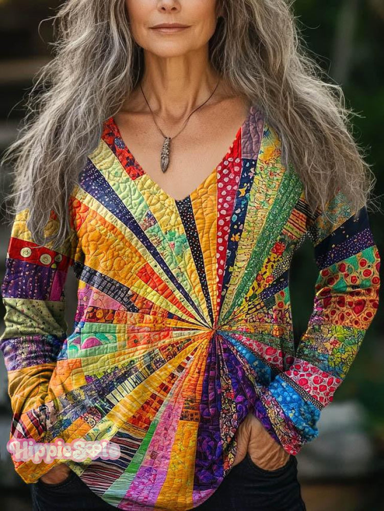 Women's Colorful Collage Art Print Casual V-neck Long Sleeve T-shirt