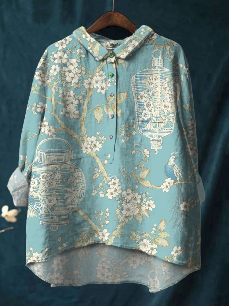 Ladies Elegant Flower And Bird Print Cotton And Linen Shirt