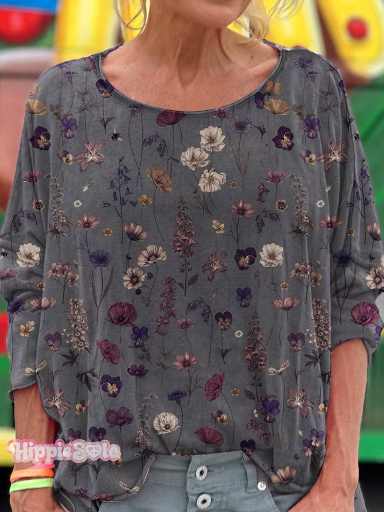 Flower Art Print Casual Long Sleeve T-shirt