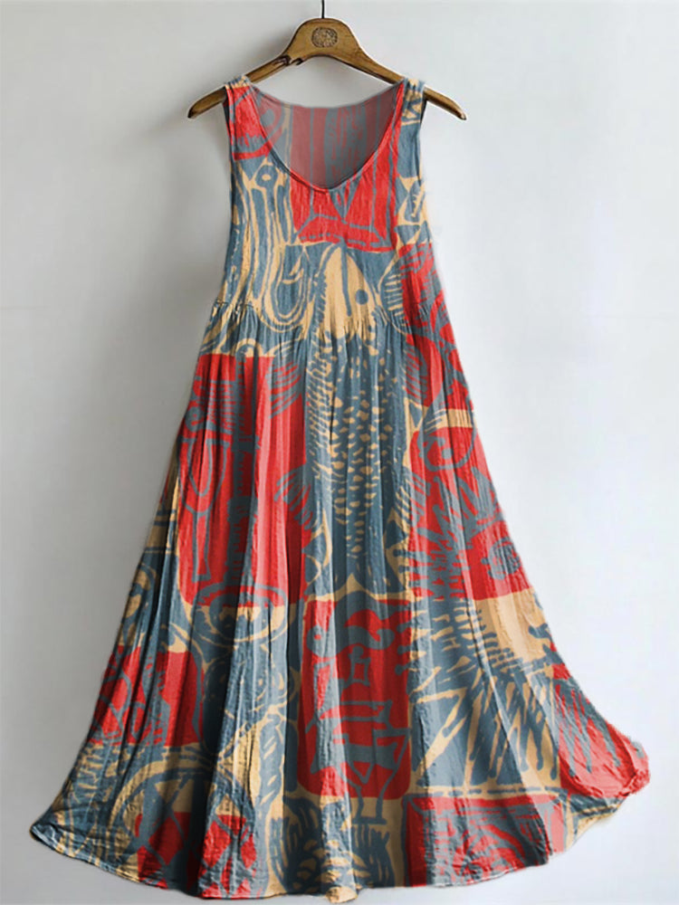 Women's Bohemian Ethnic Collage Art Print Sleeveless Cotton Pocket Dre