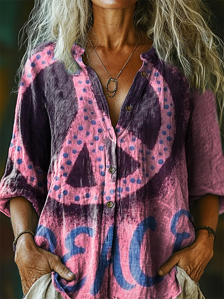 Women's Hippie Peace Art Print Casual Cotton Linen Shirt