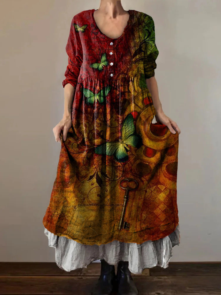 Women's Art Painting Hippie Floral Print V Neck Dress