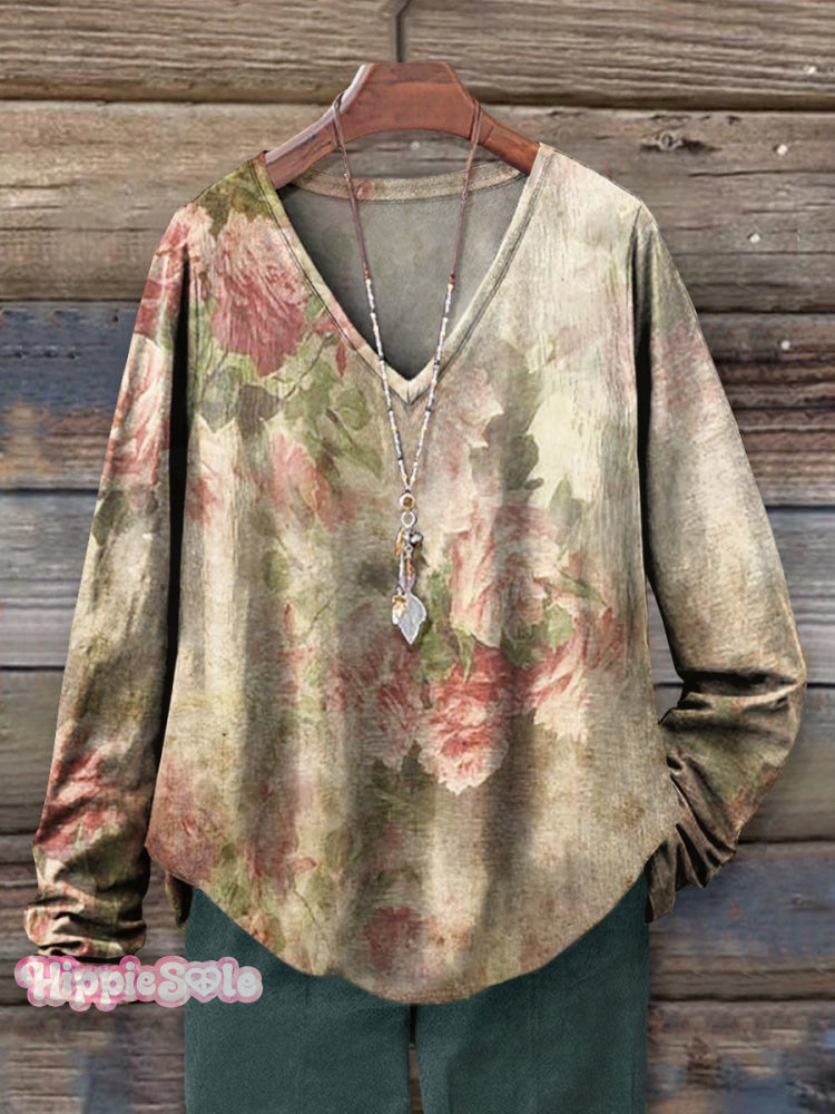 Women's Rose Floral Art Print 100% Cotton Casual V-neck Long Sleeve Sh