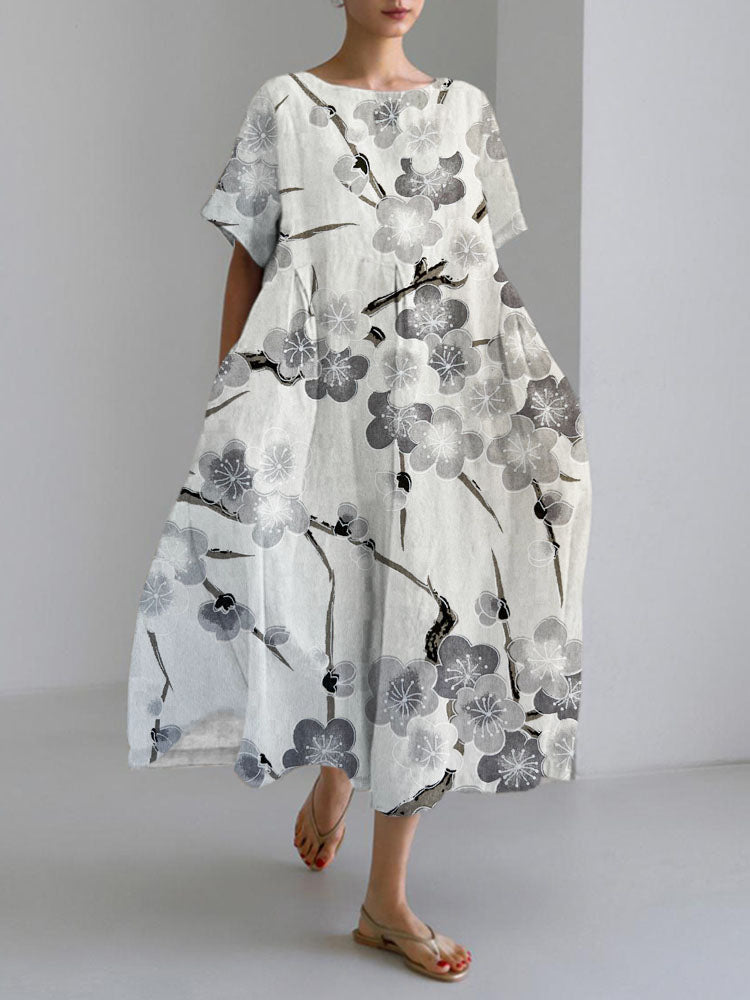 Japanese Plum Art Print Linen Blend Maxi Dress