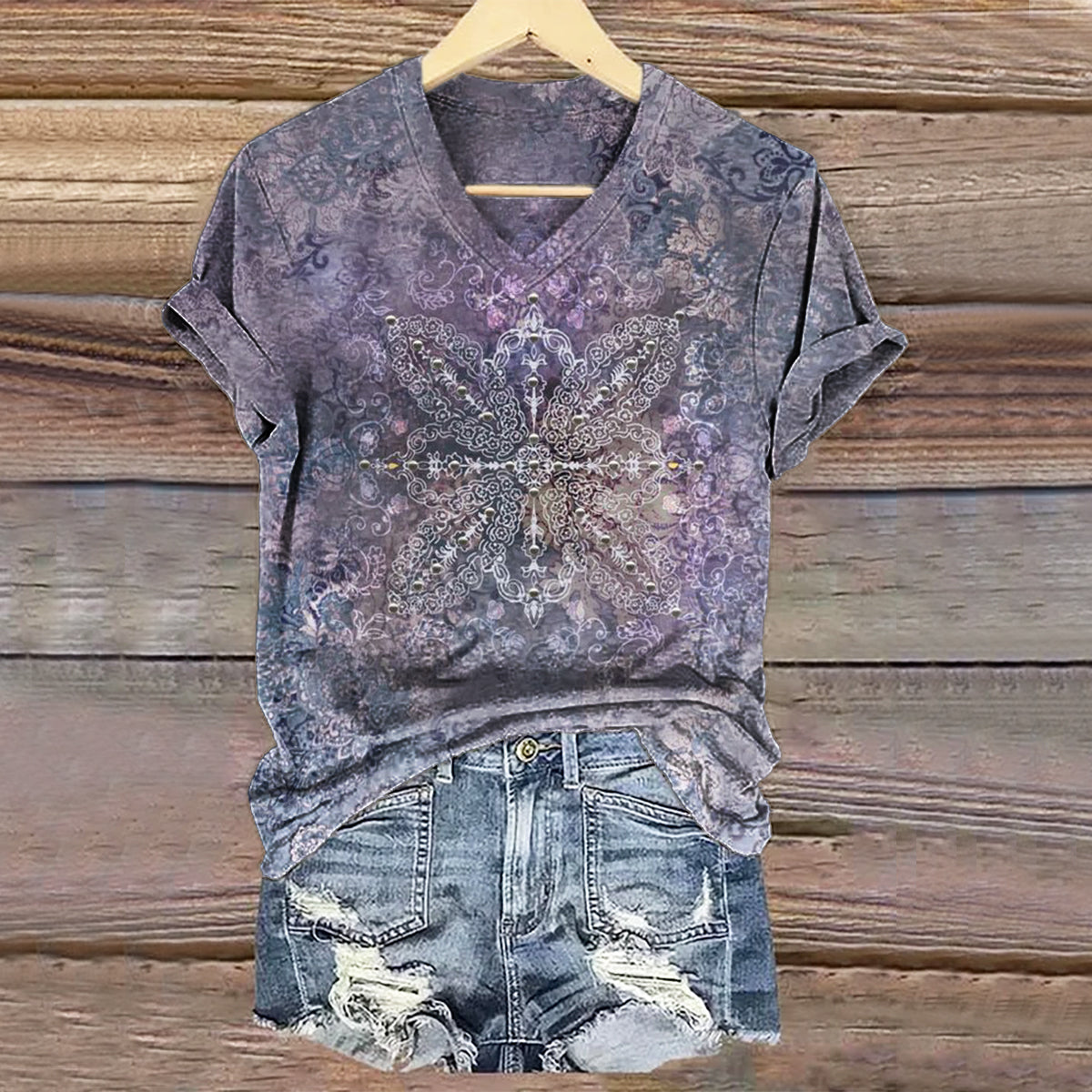 Women's Vintage Ethnic Floral Art Print V-neck Casual T-Shirt