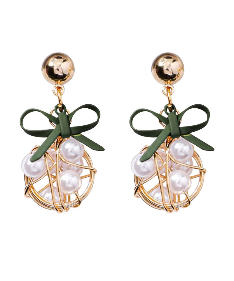 White Alloy Pearl Bow Drop Earrings