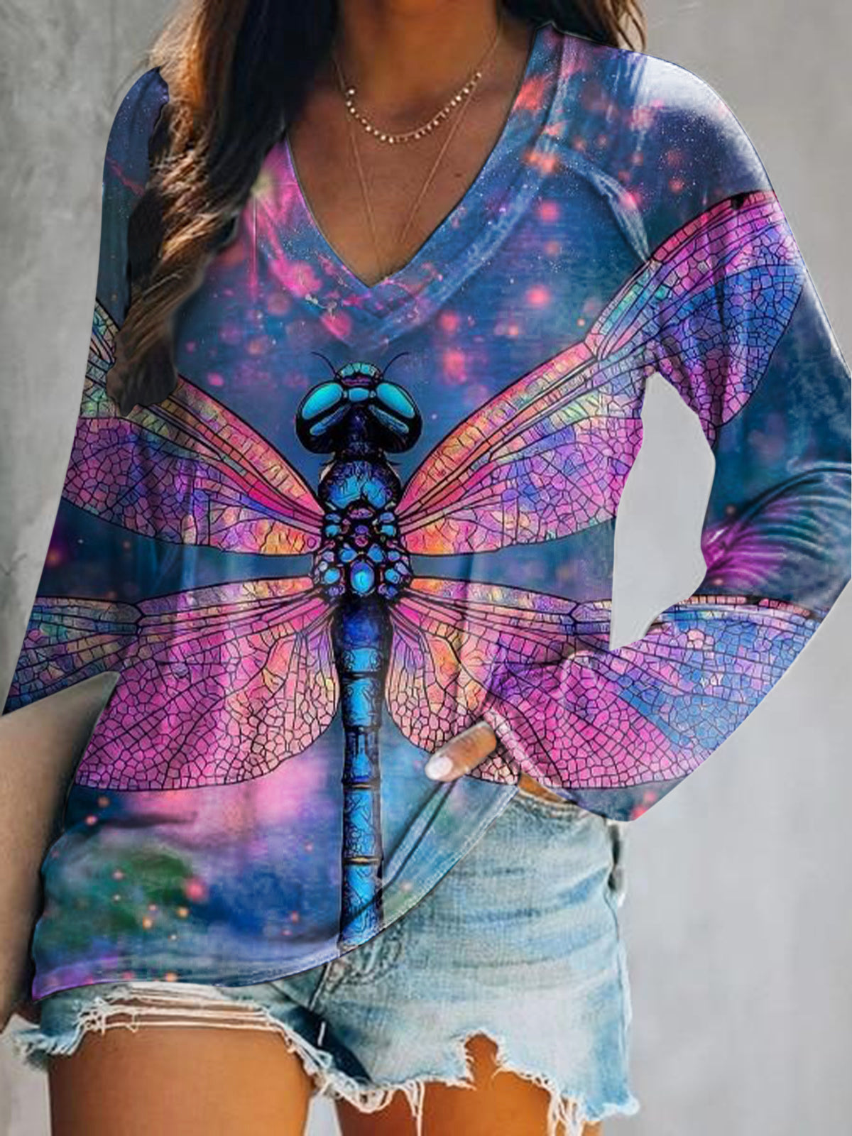 Women's Casual Vintage Dragonfly Art Print V Neck Long Sleeve Tops