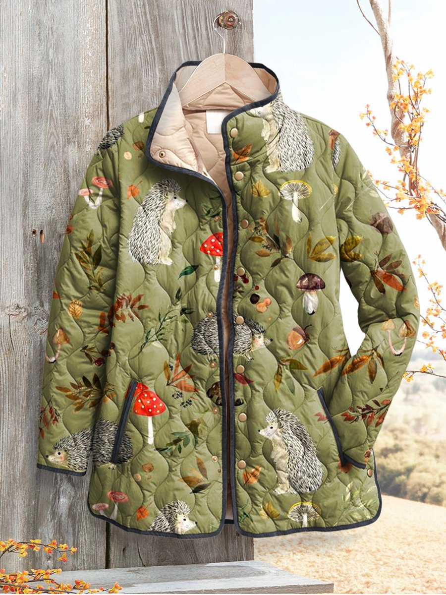 Women's Retro Floral Bunny Art Print Casual Quilted Cardigan