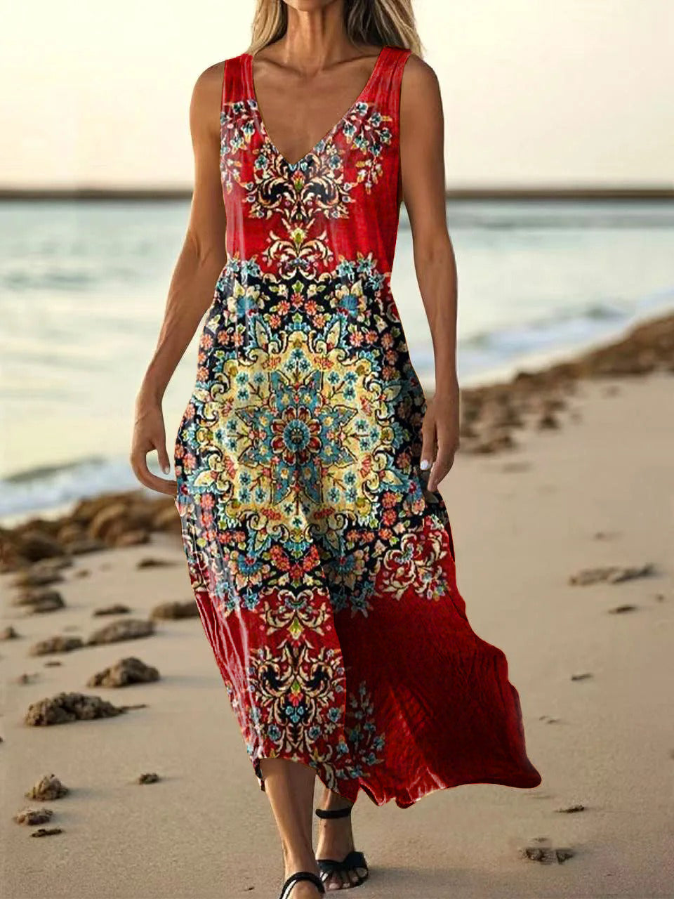 Women's Vintage Ethnic Floral Art Print Pocket Cotton Dress
