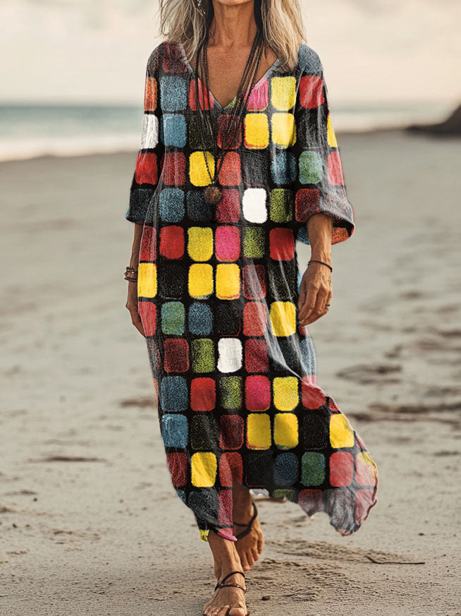 Women's Colorful Square Patchwork Pattern Art Print Pocket Cotton Dres