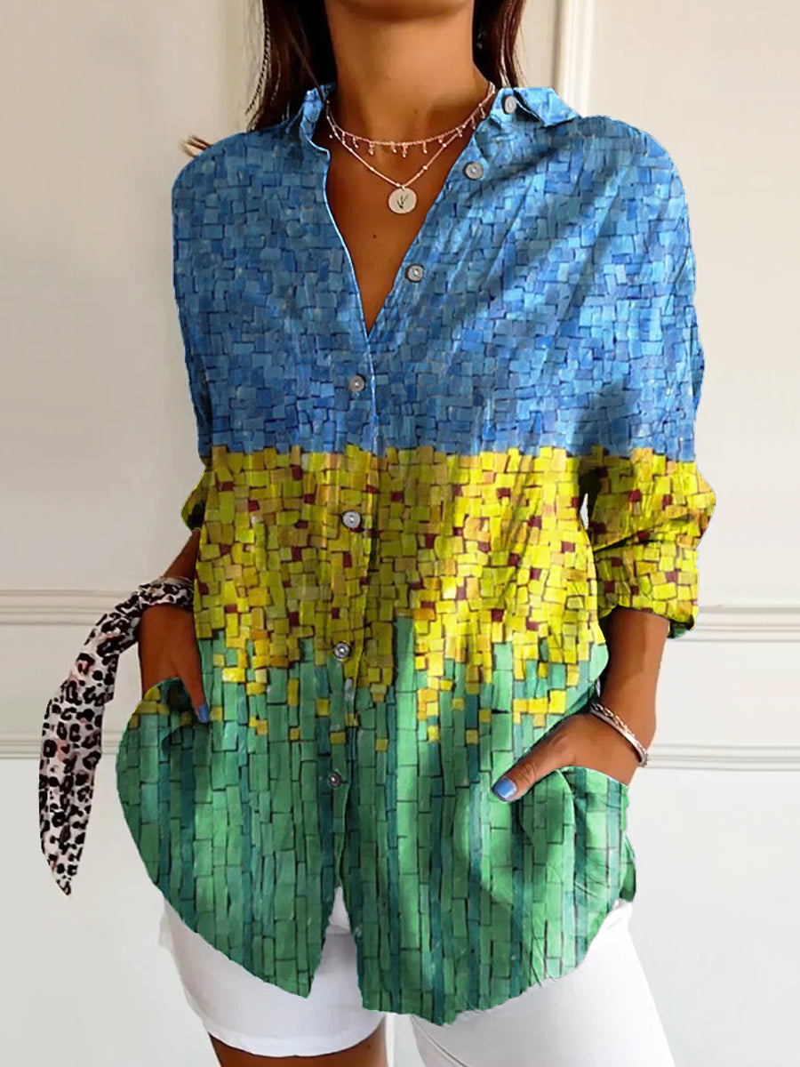 Women's Vintage Floral Art Print Casual Cotton Shirt