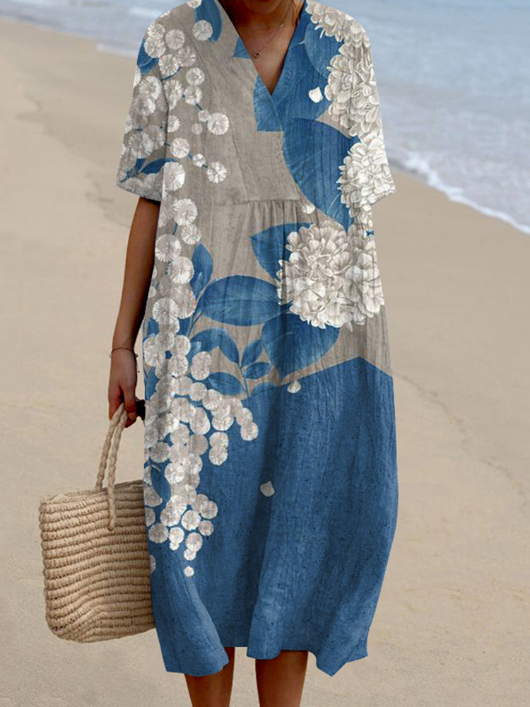 Vintage Blue Blossom Printed V Neck Casual Midi Dress