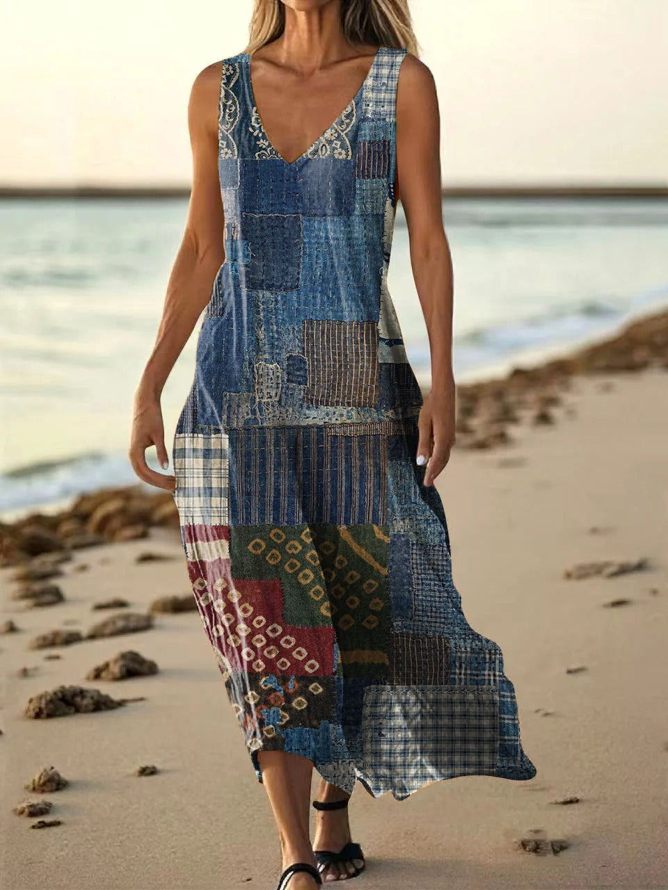 Women's Vintage Patchwork Pattern Art Print Pocket Cotton Dresses
