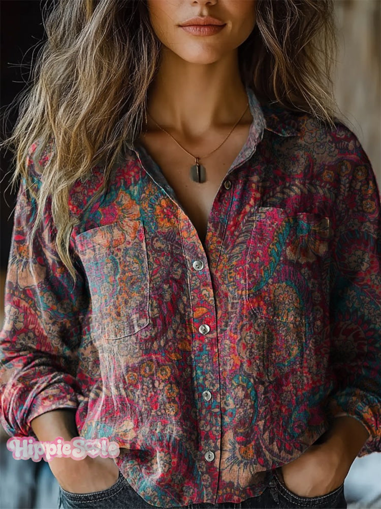 Women's Retro Floral Print Casual Long Sleeve Comfortable Cotton Shirt