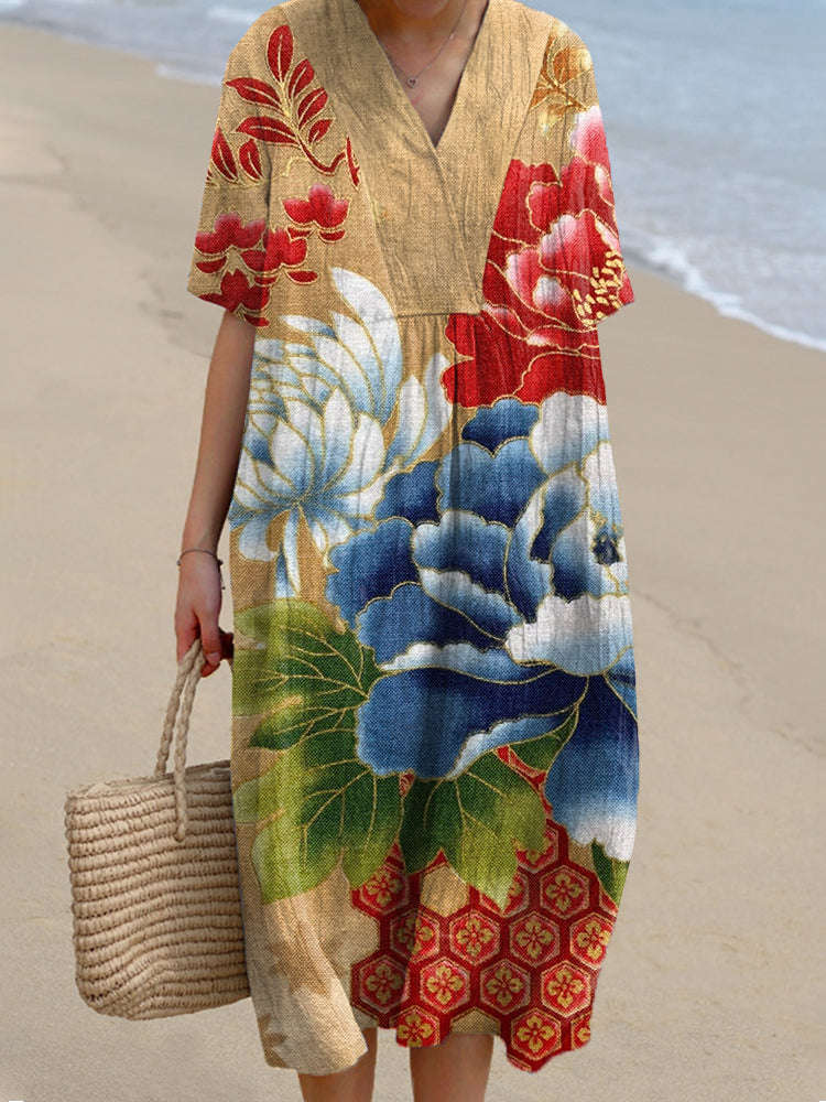 Vintage Floral Japanese Art Linen Blend Dress