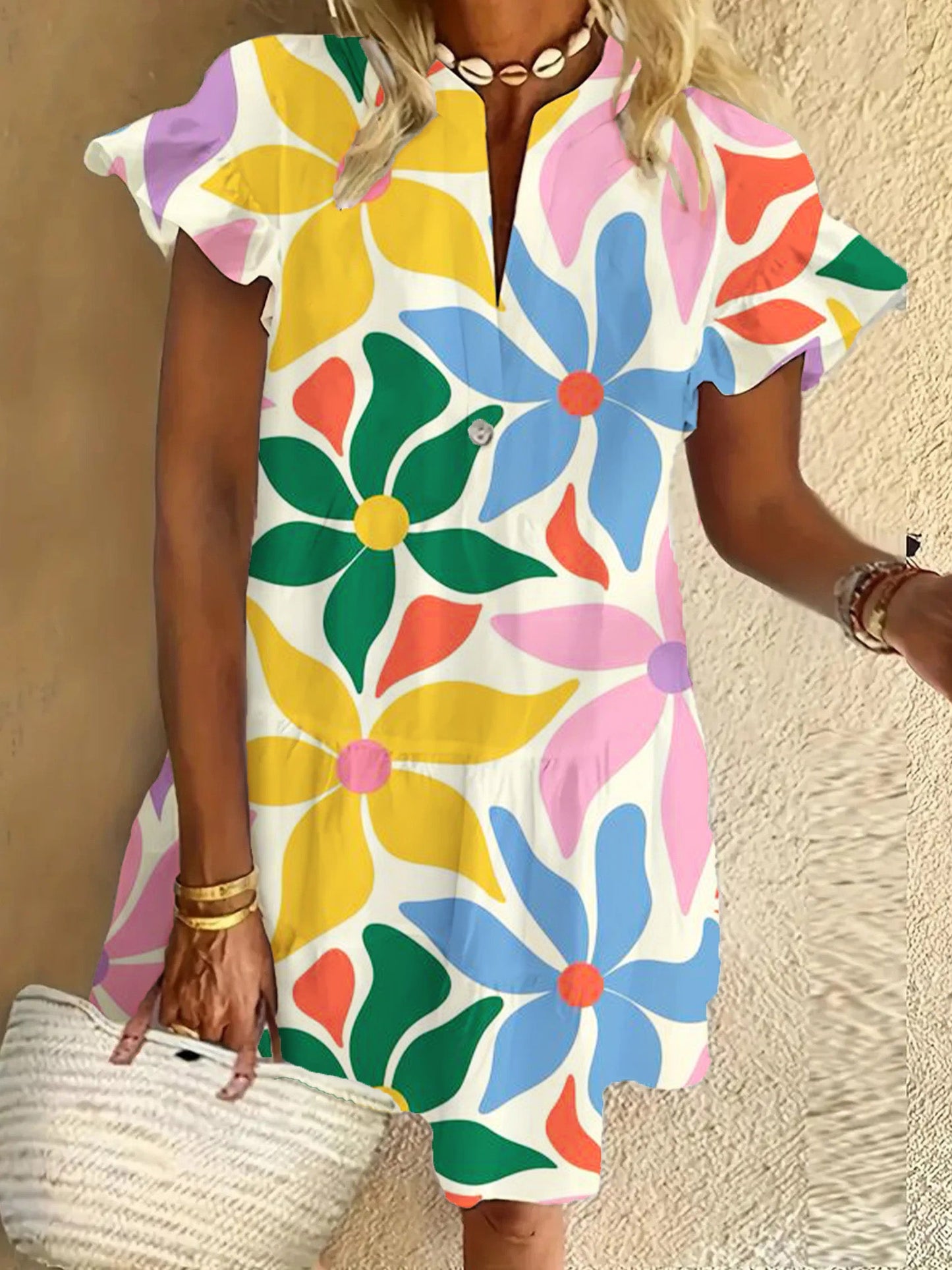 Flower Ruffled Short-sleeved V-neck Buttoned Dress Vacation Beach Dress