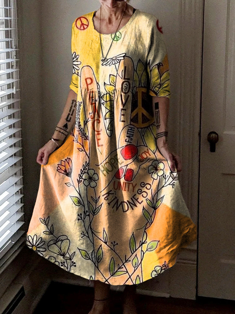 Women's Hippie Peace Love Art Print Pocket Cotton Dress