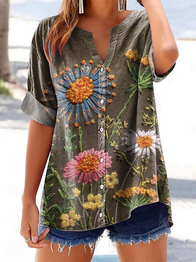 Women's Floral Pattern Art Print Cotton Linen Casual Shirt