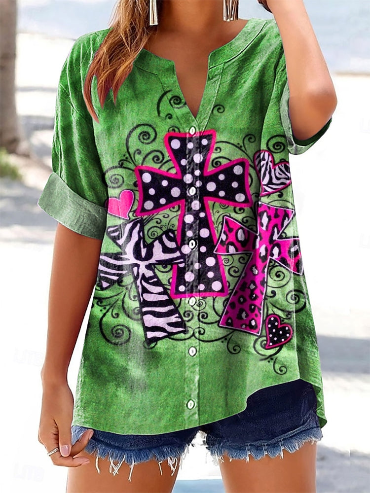 Women's Leopard Cross Pattern Art Print Cotton Linen Casual Shirt