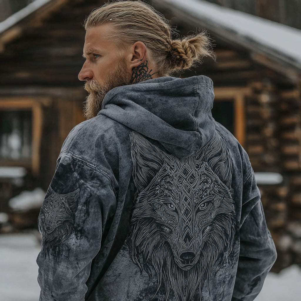Men's Retro Viking Line Art Wolf Casual Hoodie elevenforest