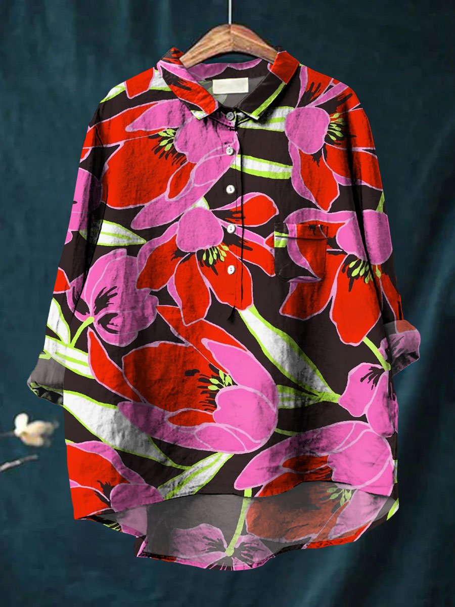 Women's Flower Print Casual Cotton And Linen Shirt