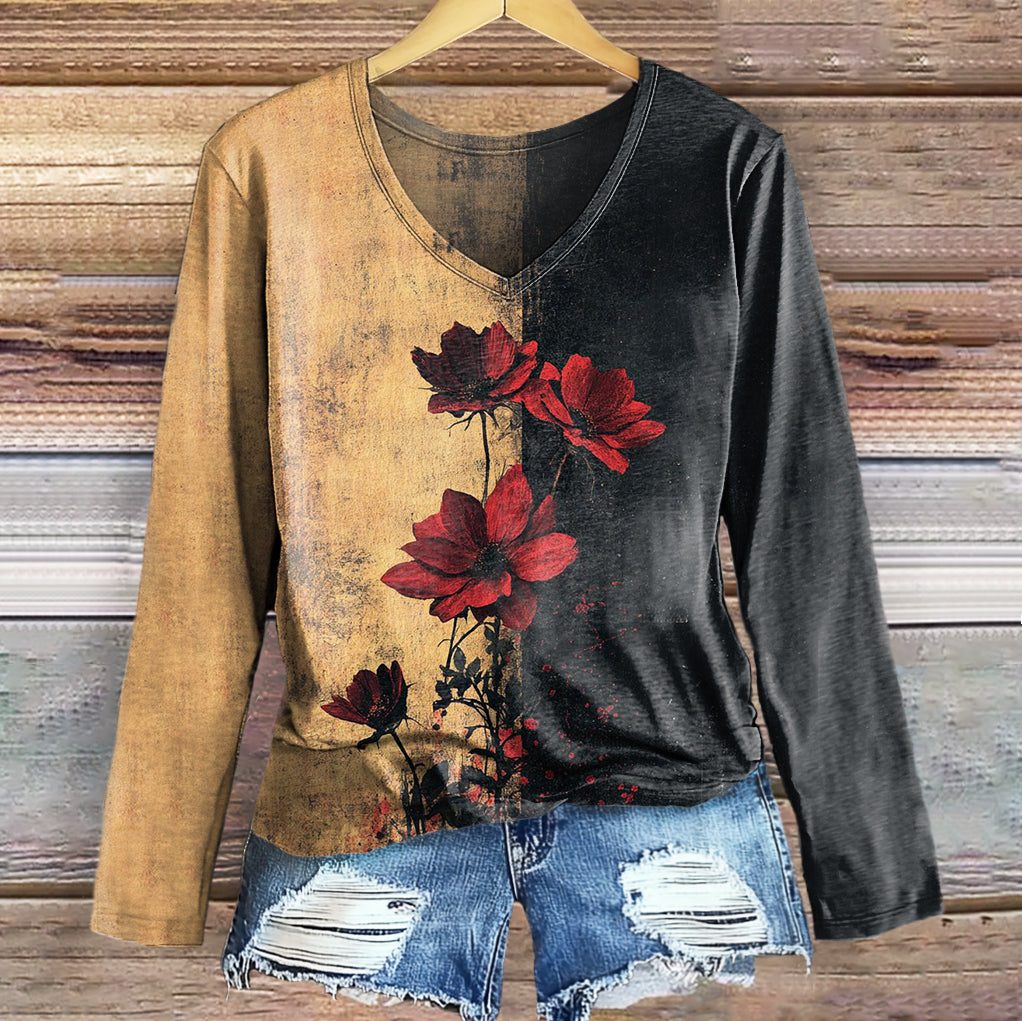 Women's Retro Rose Flower Art Print Casual V-neck Long Sleeve T-shirt