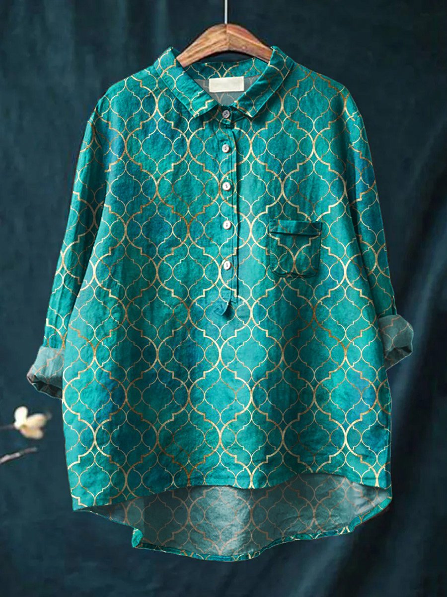 Women's Retro Geometry Art Print Casual Cotton And Linen Shirt